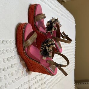 Tory Burch Pink and Tan Floral Wedges